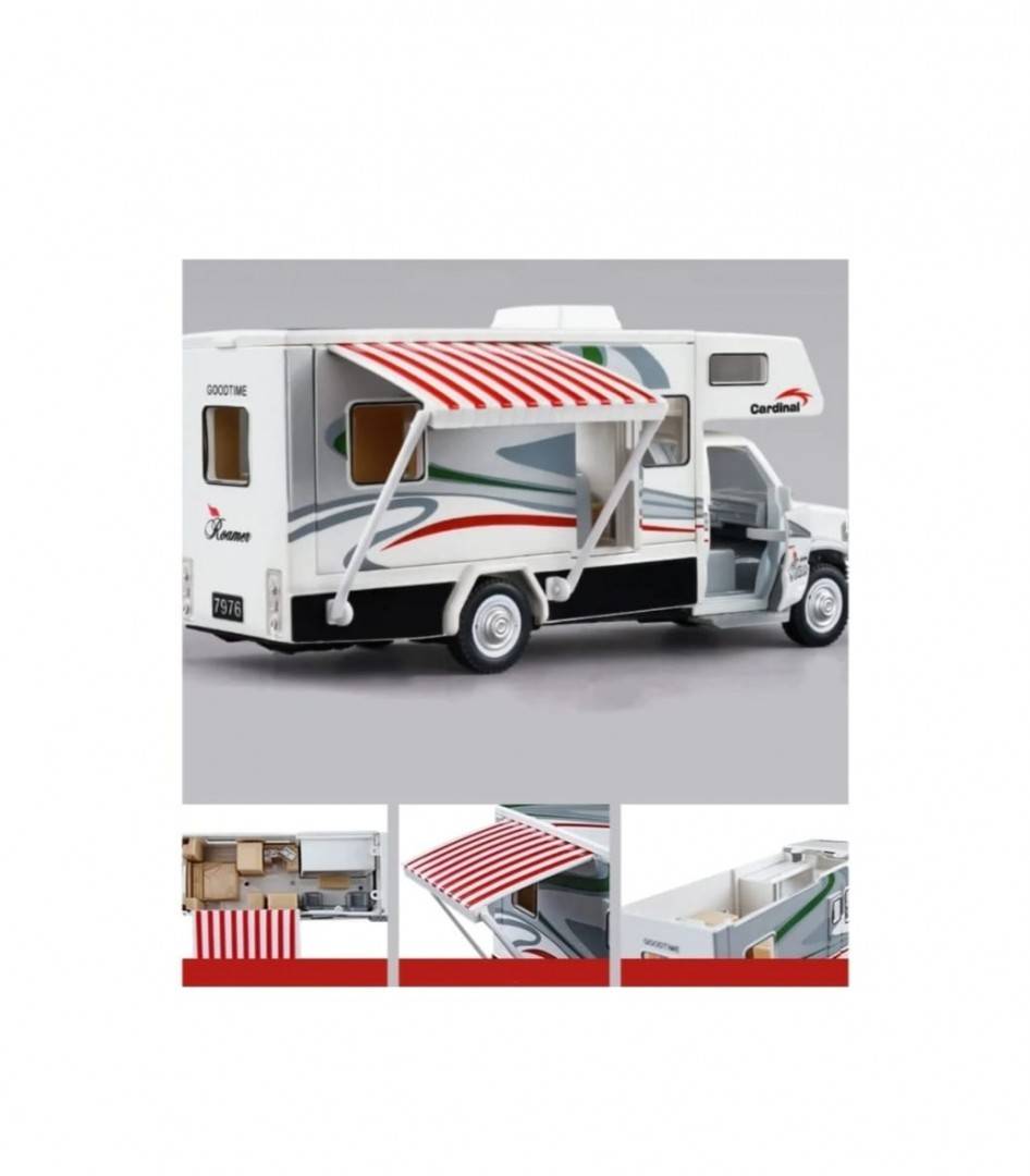 Masina mecanica, Autorulota, camper de vacanta, mobilier, sunete, lumini, usi functionale, alb, 20 cm