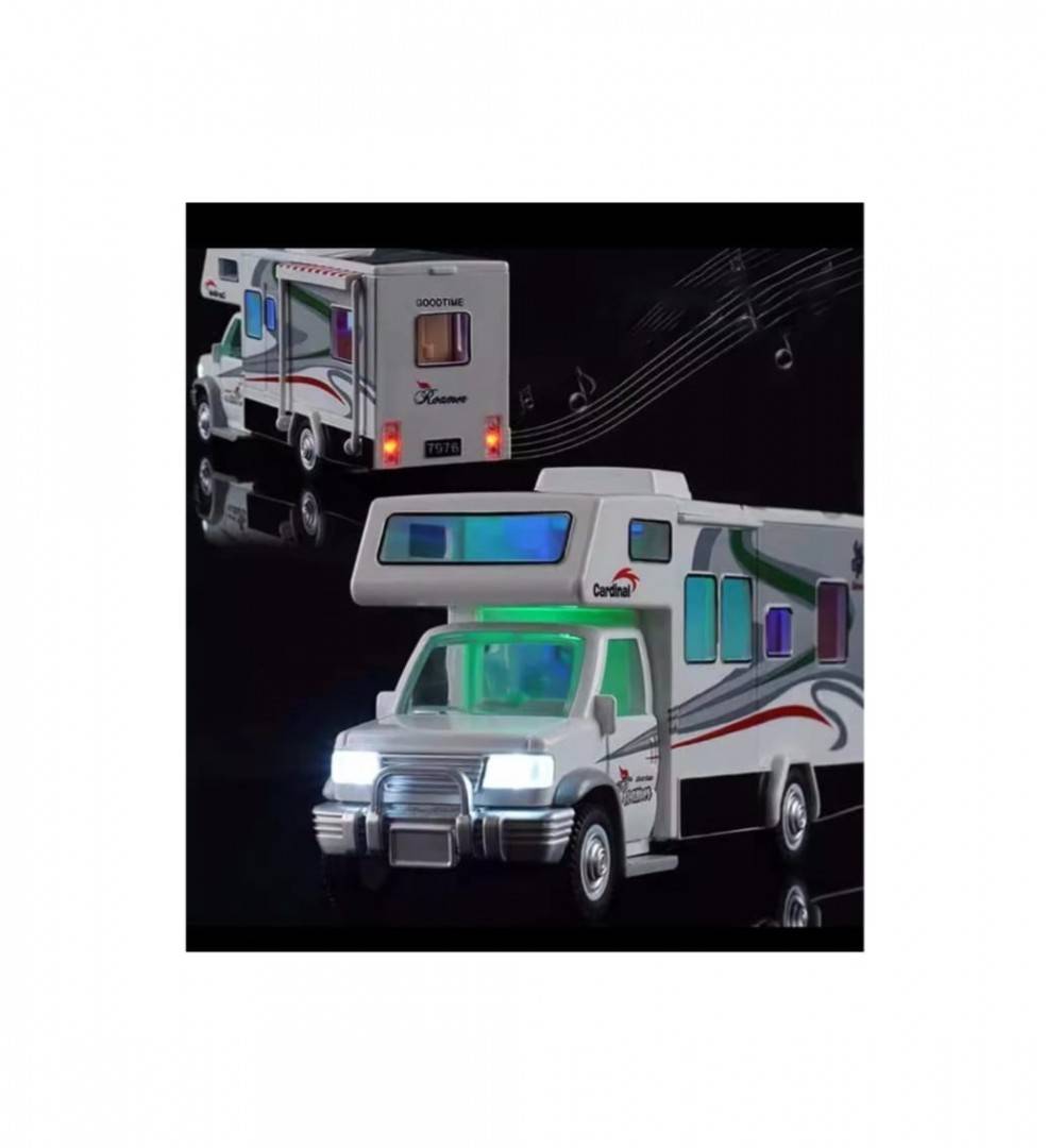 Masina mecanica, Autorulota, camper de vacanta, mobilier, sunete, lumini, usi functionale, alb, 20 cm
