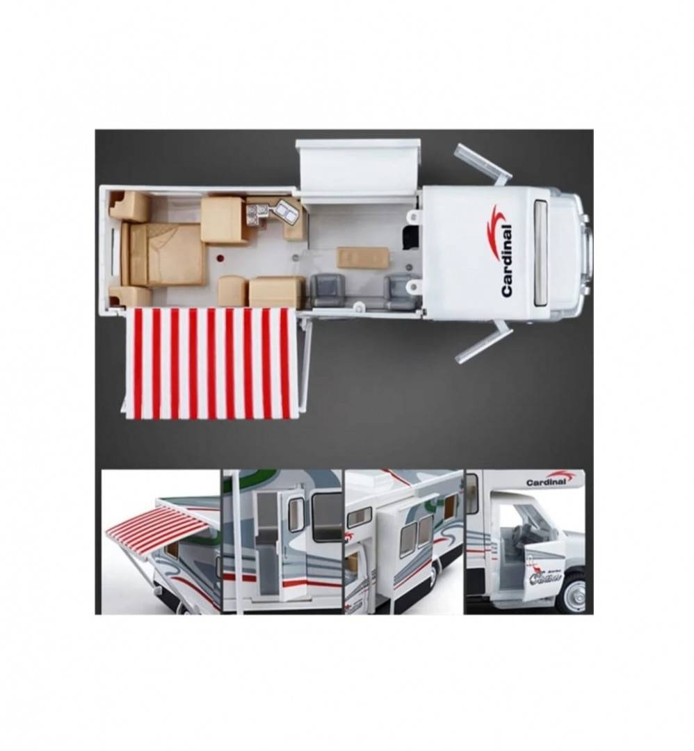 Masina mecanica, Autorulota, camper de vacanta, mobilier, sunete, lumini, usi functionale, alb, 20 cm