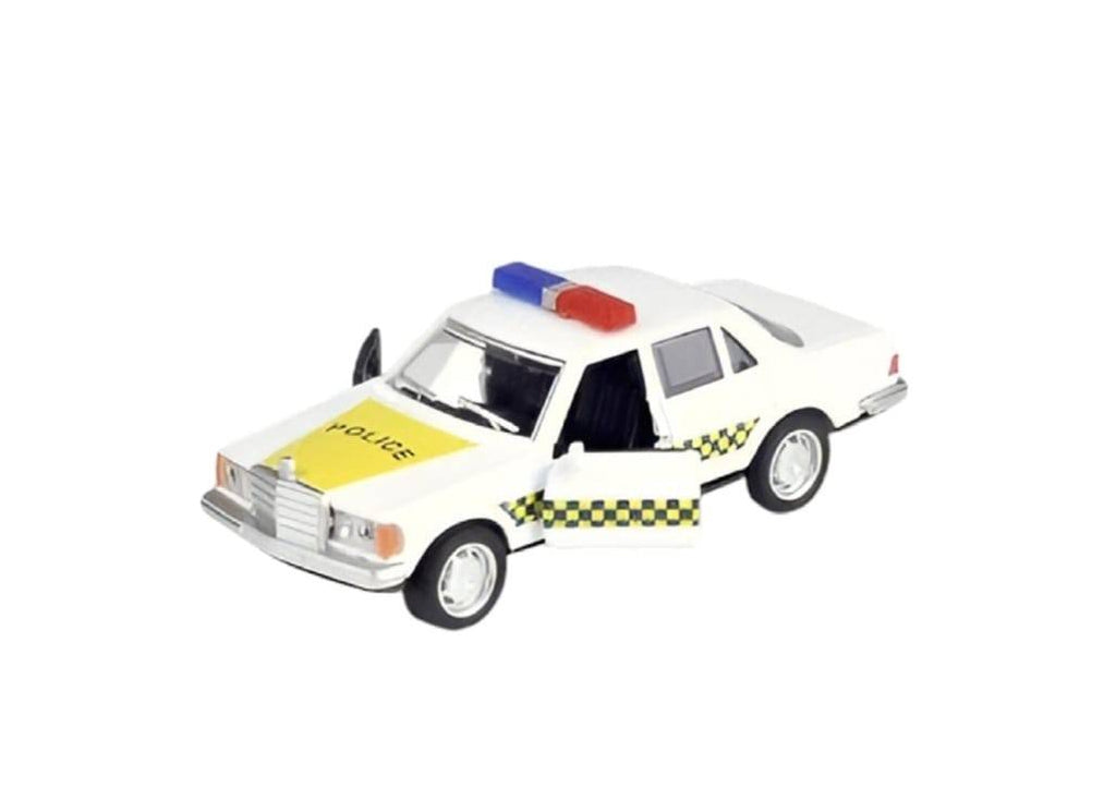 Masina metalica Politie, Mercedes-Benz W123, 2 usi mobile, sunete, lumini, alb, 11.5 cm
