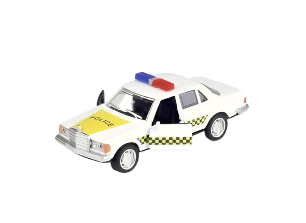 Masina metalica Politie, Mercedes-Benz W123, 2 usi mobile, sunete, lumini, alb, 11.5 cm