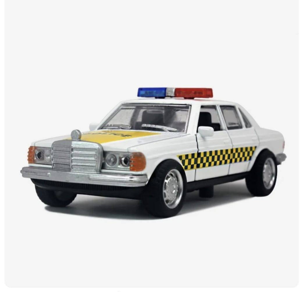 Masina metalica Politie, Mercedes-Benz W123, 2 usi mobile, sunete, lumini, alb, 11.5 cm
