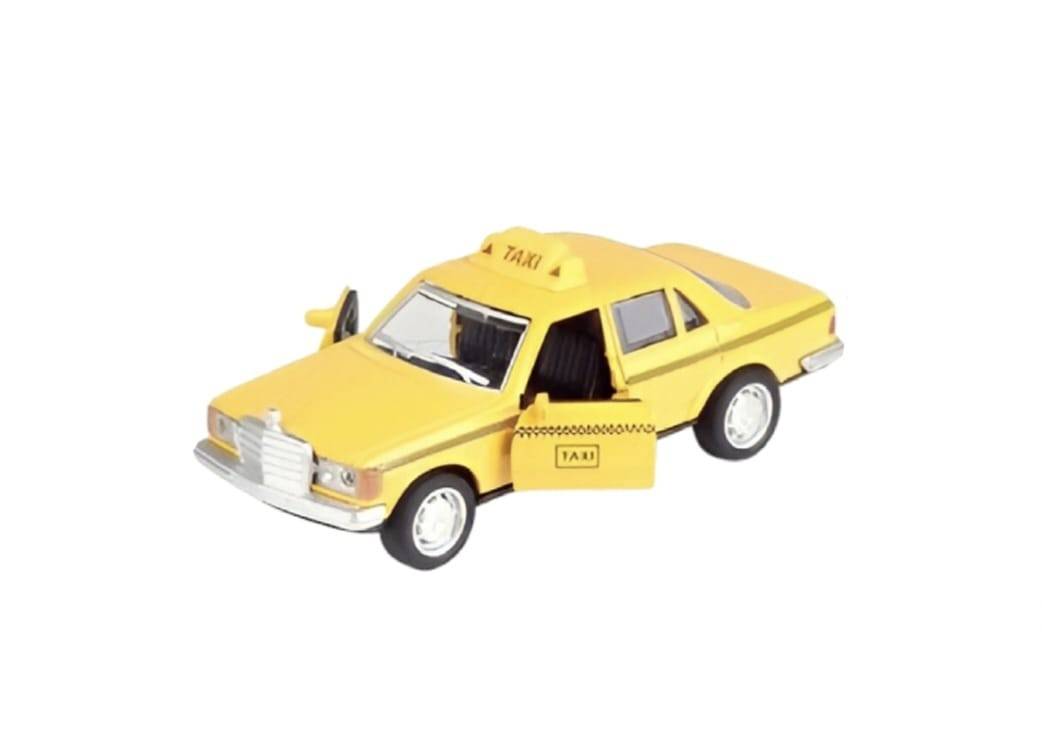 Masina metalica Taxi, Mercedes-Benz W123, 2 usi mobile, sunete, lumini, galben, 11.5 cm