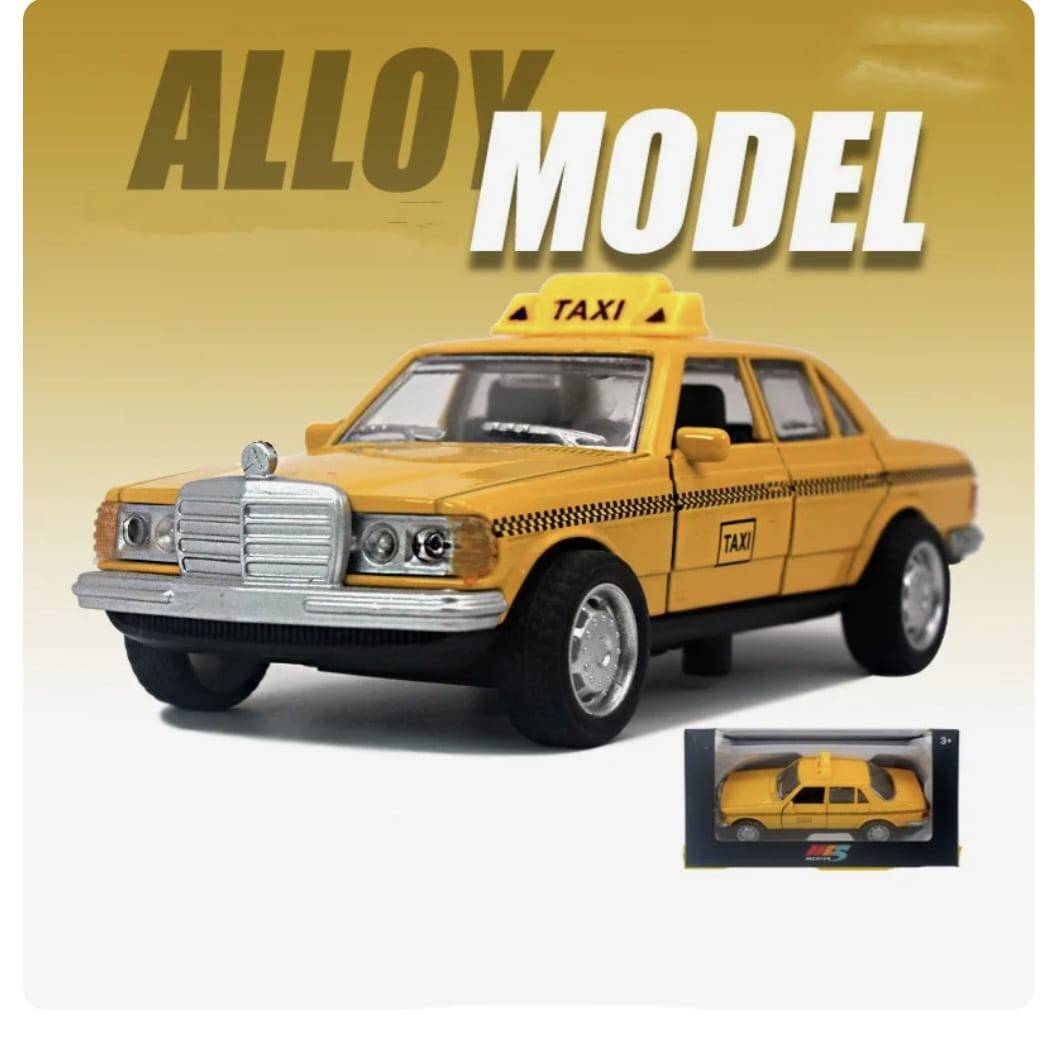Masina metalica Taxi, Mercedes-Benz W123, 2 usi mobile, sunete, lumini, galben, 11.5 cm