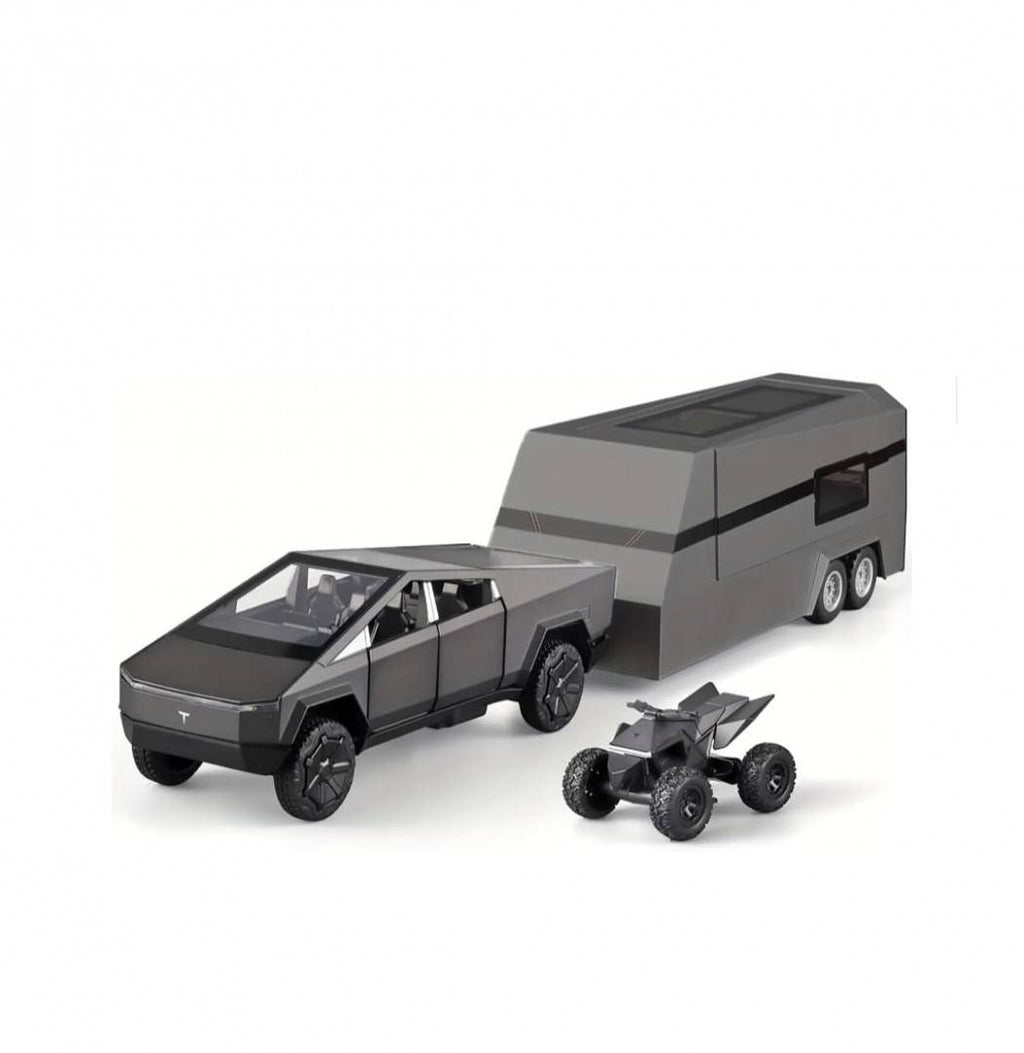 Masinuta  metalica,Tesla cu rulota, ATV, usi mobile, capota mobila, 1:32, gri inchis, 36 cm