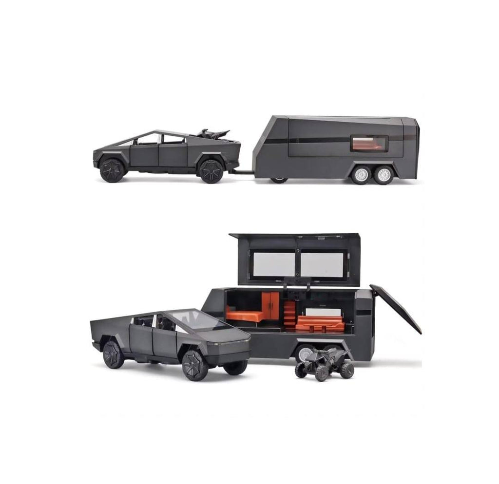 Masinuta  metalica,Tesla cu rulota, ATV, usi mobile, capota mobila, 1:32, gri inchis, 36 cm