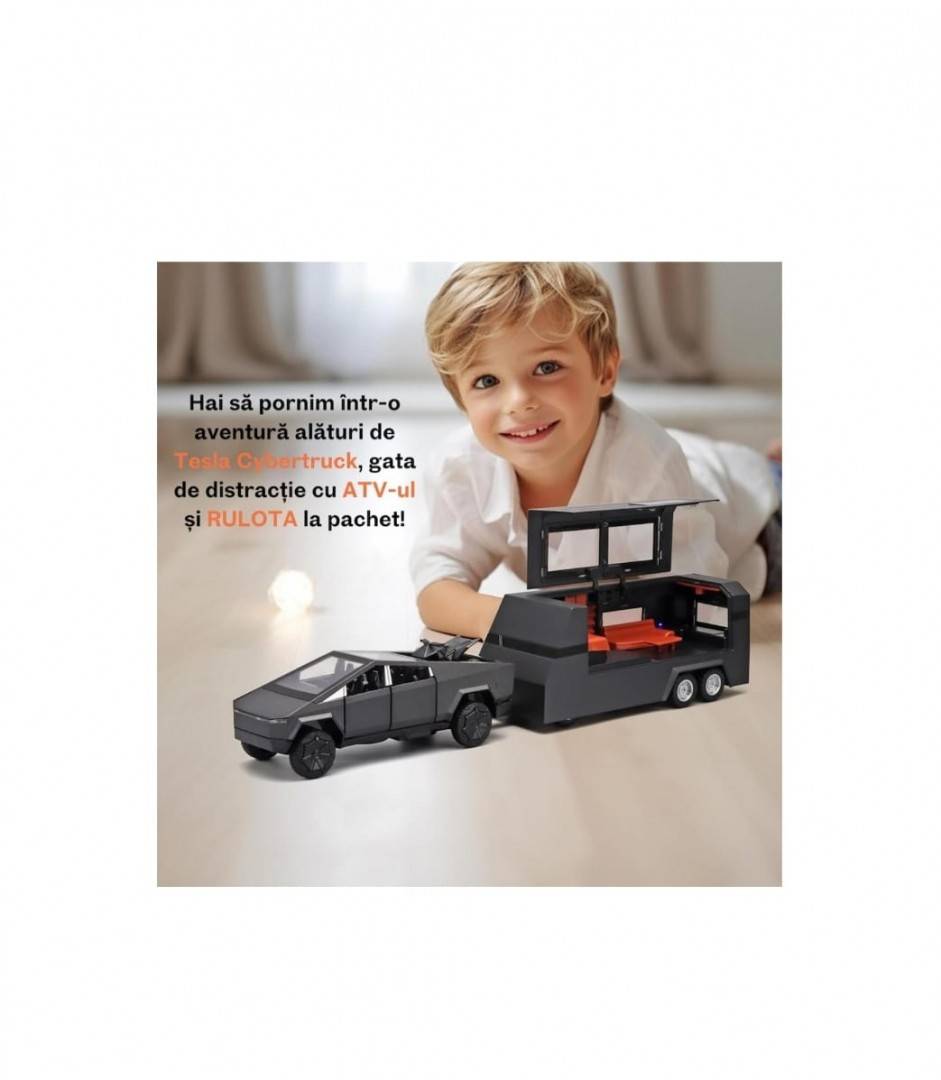 Masinuta  metalica,Tesla cu rulota, ATV, usi mobile, capota mobila, 1:32, gri inchis, 36 cm