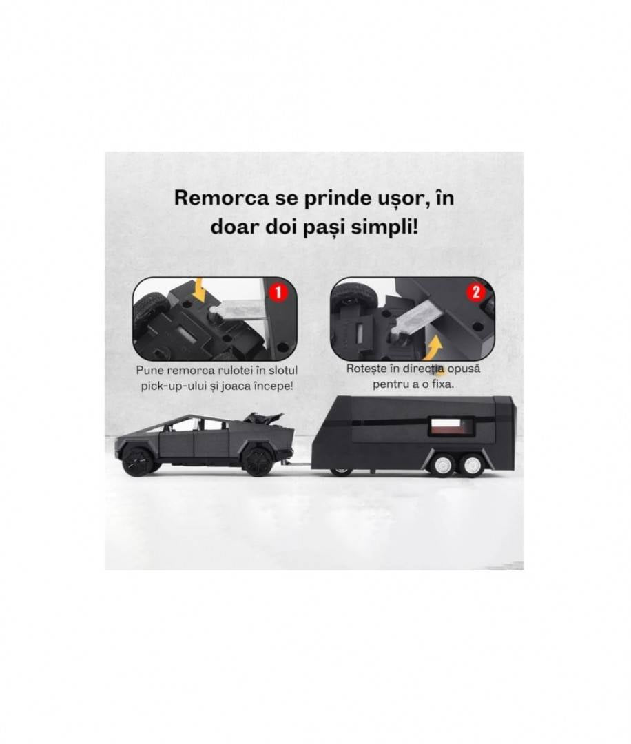 Masinuta  metalica,Tesla cu rulota, ATV, usi mobile, capota mobila, 1:32, gri inchis, 36 cm