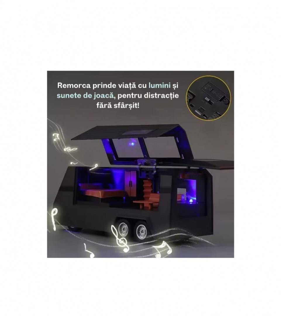 Masinuta  metalica,Tesla cu rulota, ATV, usi mobile, capota mobila, 1:32, gri inchis, 36 cm