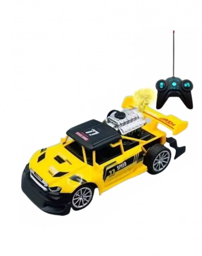 Masinuta cu telecomanda, scoate fum, scara 1:18, lumineaza farurile, stanga, dreapta, galben, 18 cm