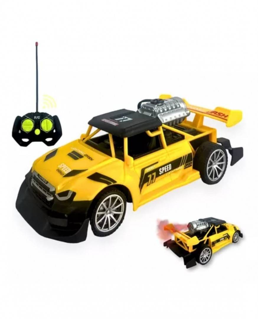 Masinuta cu telecomanda, scoate fum, scara 1:18, lumineaza farurile, stanga, dreapta, galben, 18 cm