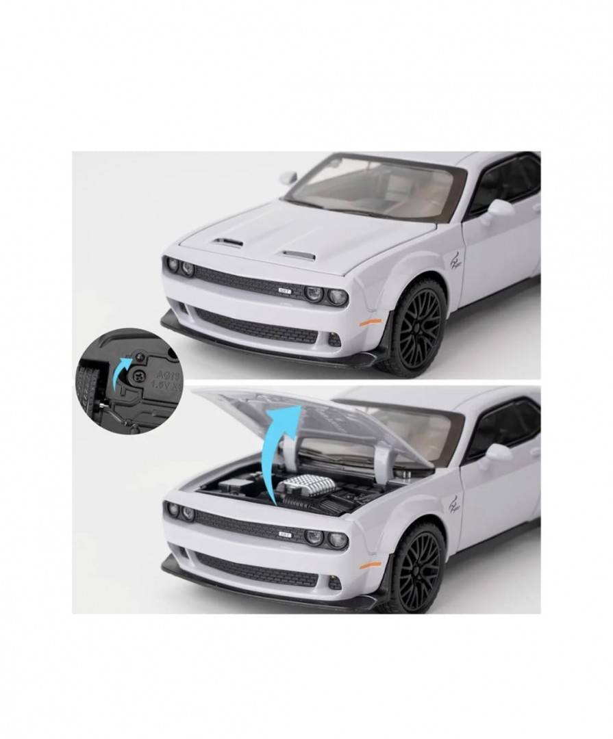 Masinuta metal, Dodge Challenger, scara 1:32, sunete, usi mobile, capota mobila, portbagaj mobil, gri, 15 cm