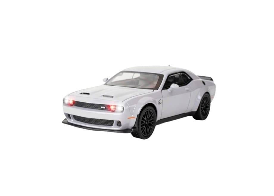 Masinuta metal, Dodge Challenger, scara 1:32, sunete, usi mobile, capota mobila, portbagaj mobil, gri, 15 cm