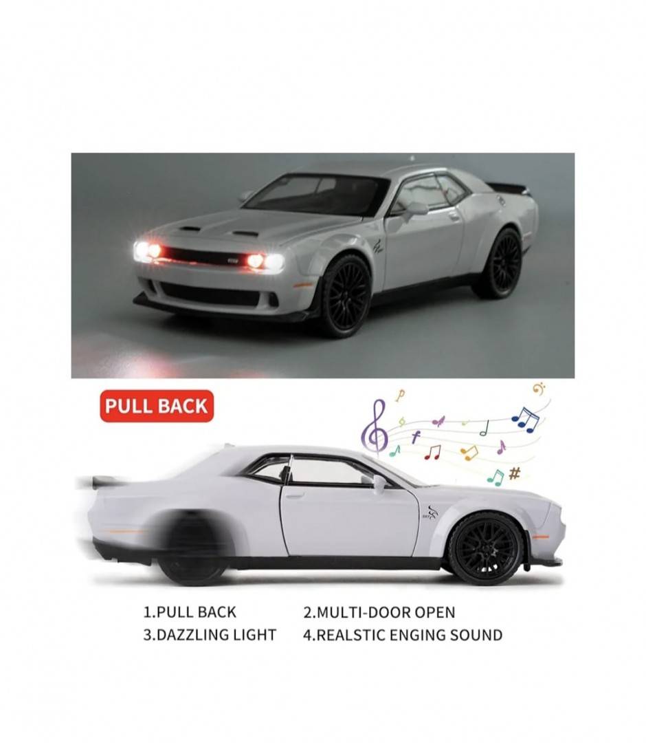 Masinuta metal, Dodge Challenger, scara 1:32, sunete, usi mobile, capota mobila, portbagaj mobil, gri, 15 cm