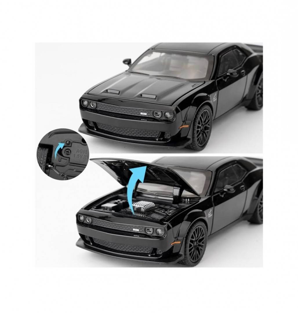 Masinuta metal, Dodge Challenger, scara 1:32, sunete, usi mobile, capota mobila, portbagaj mobil, negru, 15 cm