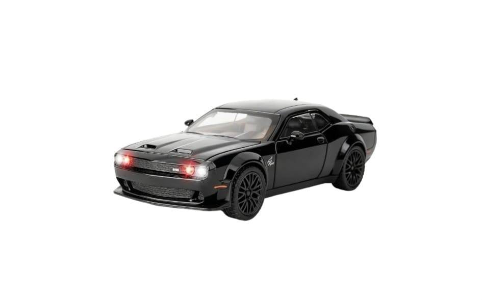Masinuta metal, Dodge Challenger, scara 1:32, sunete, usi mobile, capota mobila, portbagaj mobil, negru, 15 cm