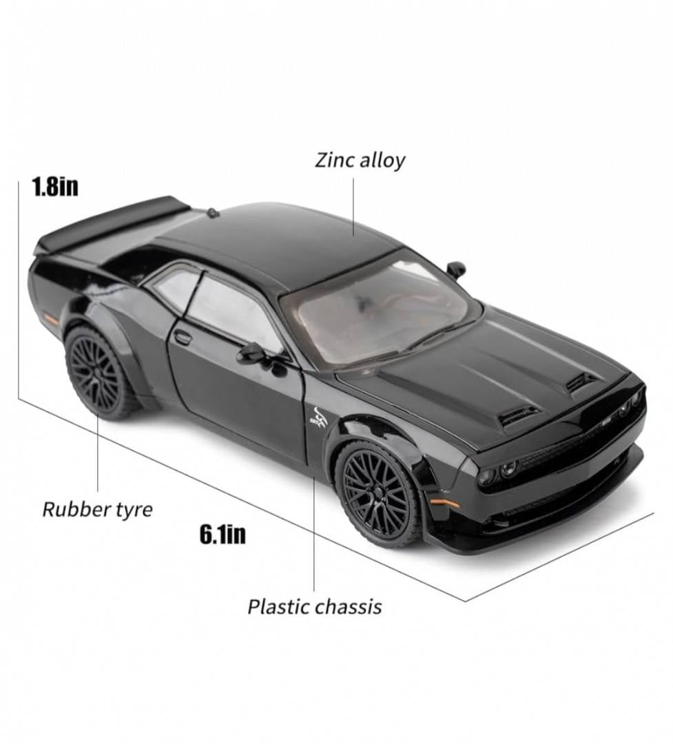 Masinuta metal, Dodge Challenger, scara 1:32, sunete, usi mobile, capota mobila, portbagaj mobil, negru, 15 cm
