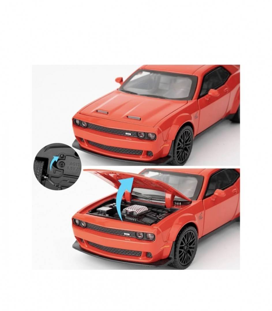 Masinuta metal, Dodge Challenger, scara 1:32, sunete, usi mobile, capota mobila, portbagaj mobil, rosu, 15 cm