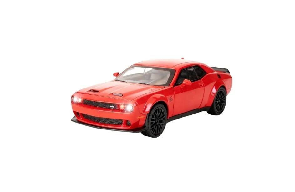Masinuta metal, Dodge Challenger, scara 1:32, sunete, usi mobile, capota mobila, portbagaj mobil, rosu, 15 cm