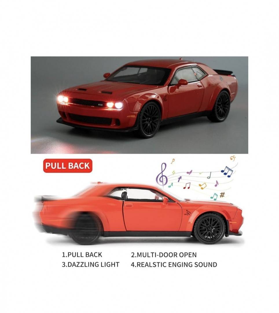 Masinuta metal, Dodge Challenger, scara 1:32, sunete, usi mobile, capota mobila, portbagaj mobil, rosu, 15 cm