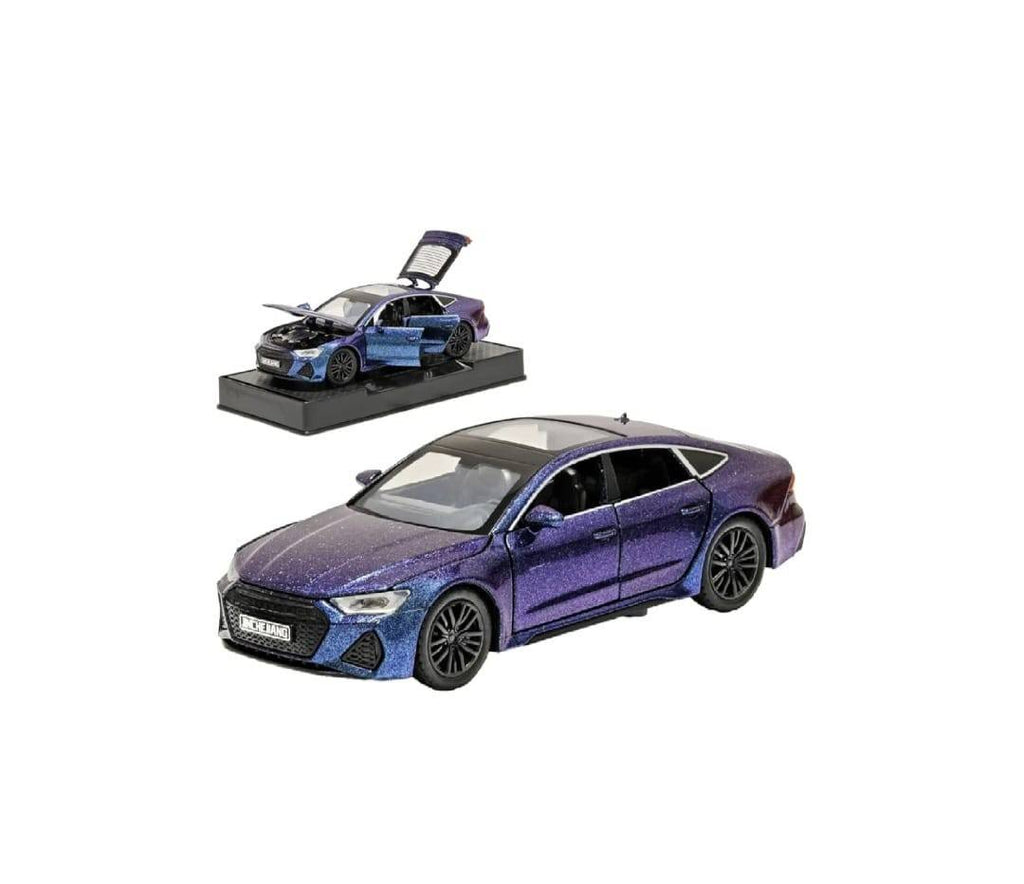 Masinuta metal mecanica, Audi RS7, 1:24, sunete, usi mobile, capota mobila, portbagaj mobil, albastru, 15 cm