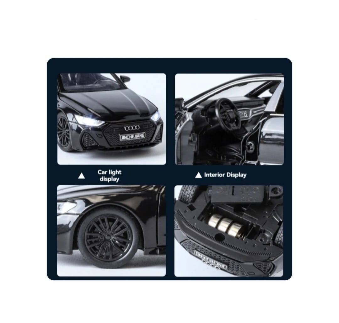 Masinuta metal mecanica, Audi RS7, 1:24, sunete, usi mobile, capota mobila, portbagaj mobil, negru, 15 cm