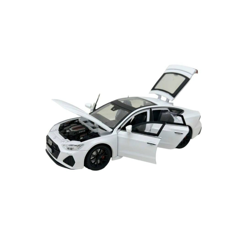Masinuta metal mecanica, AUDI RS7,usi mobile, capota mobila, portbagaj mobil, alb, 19.5 cm