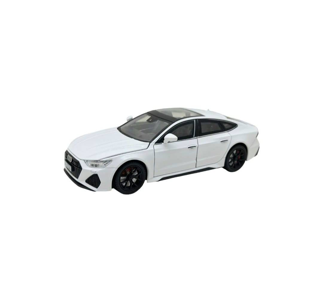 Masinuta metal mecanica, AUDI RS7,usi mobile, capota mobila, portbagaj mobil, alb, 19.5 cm