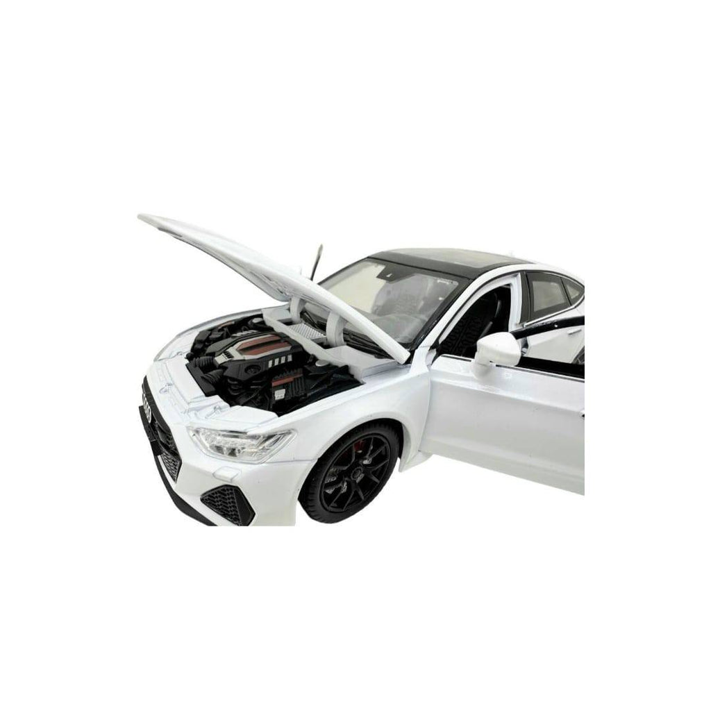 Masinuta metal mecanica, AUDI RS7,usi mobile, capota mobila, portbagaj mobil, alb, 19.5 cm