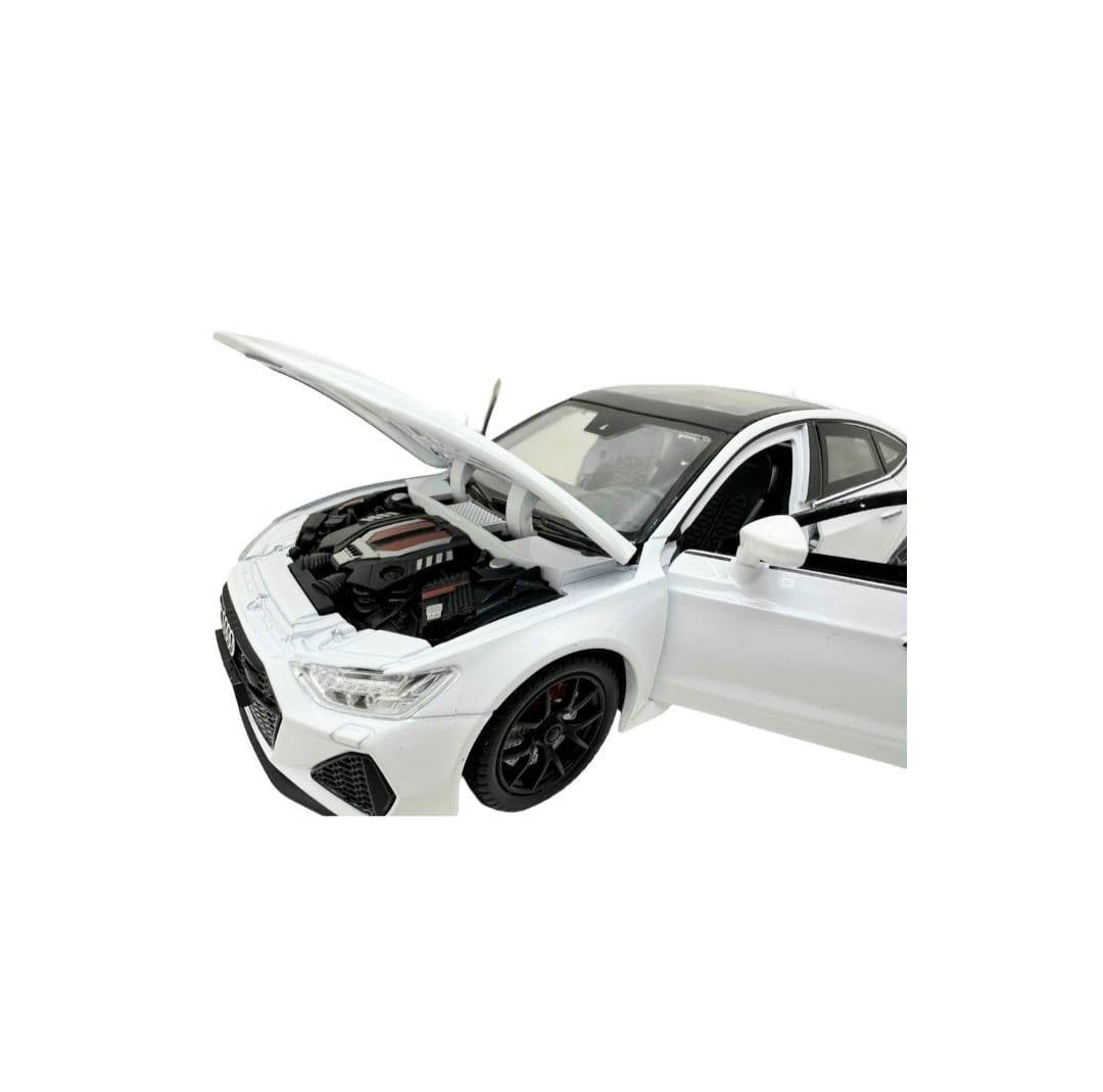 Masinuta metal mecanica, AUDI RS7,usi mobile, capota mobila, portbagaj mobil, alb, 19.5 cm