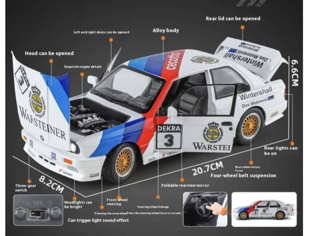 Masinuta metal mecanica, BMW M3 E30 , scara 1:24, sunete, 2 usi mobile, capota mobila, portbagaj mobil, alb, 21 cm