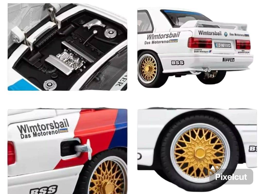 Masinuta metal mecanica, BMW M3 E30 , scara 1:24, sunete, 2 usi mobile, capota mobila, portbagaj mobil, alb, 21 cm