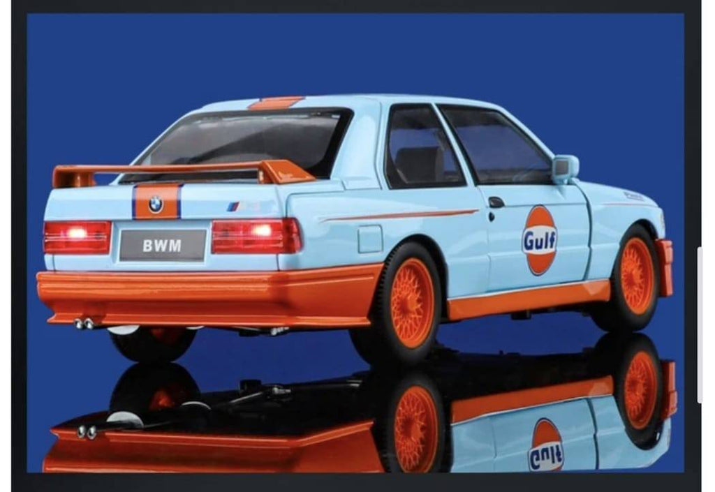 Masinuta metal mecanica, BMW M3 E30 , scara 1:24, sunete, 2 usi mobile, capota mobila, portbagaj mobil, blue, 21 cm
