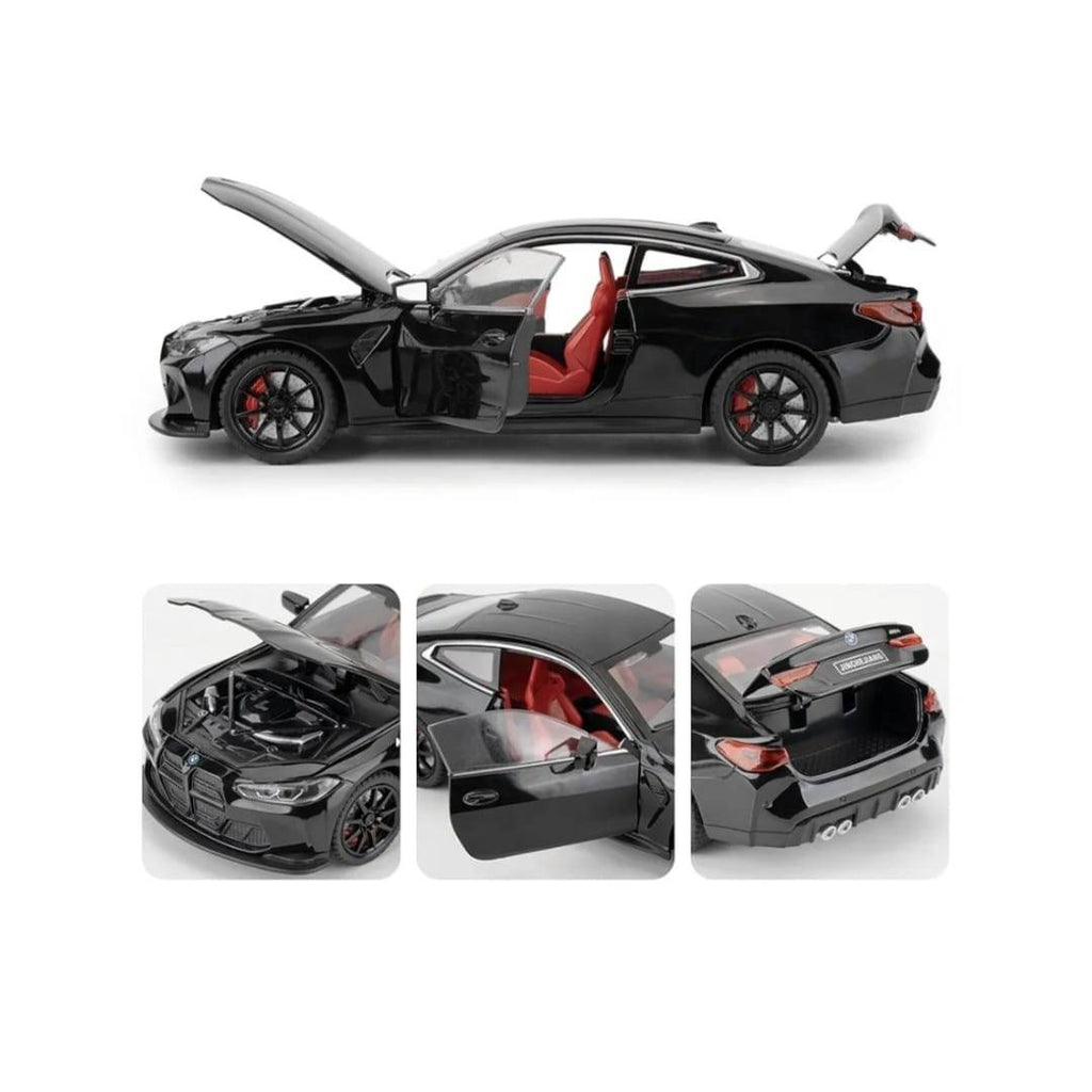Masinuta metal mecanica, BMW M4 E30 , scara 1:24, sunete, 2 usi mobile, capota mobila, portbagaj mobil, negru, 21 cm