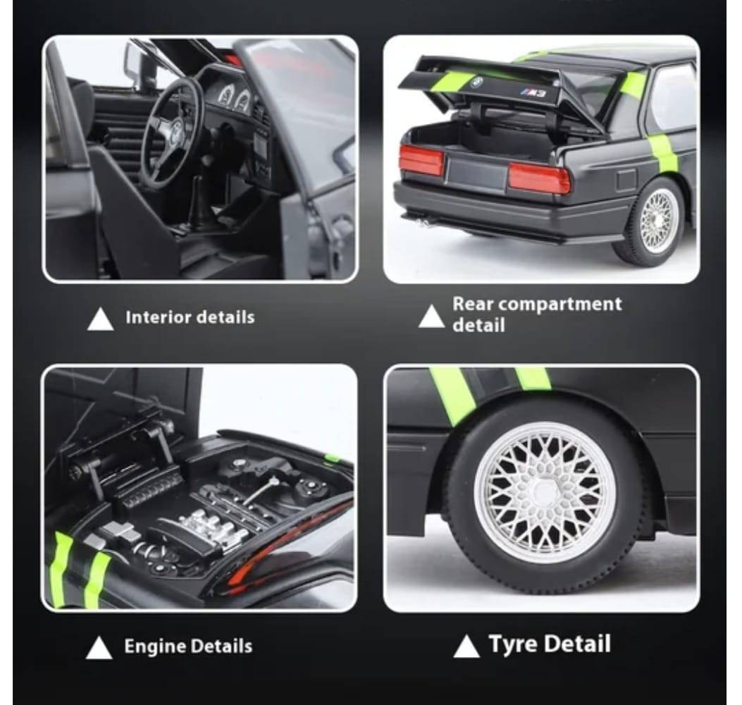 Masinuta metal mecanica, BMW M3 E30 , scara 1:24, sunete, 2 usi mobile, capota mobila, portbagaj mobil, negru/verde, 21 cm