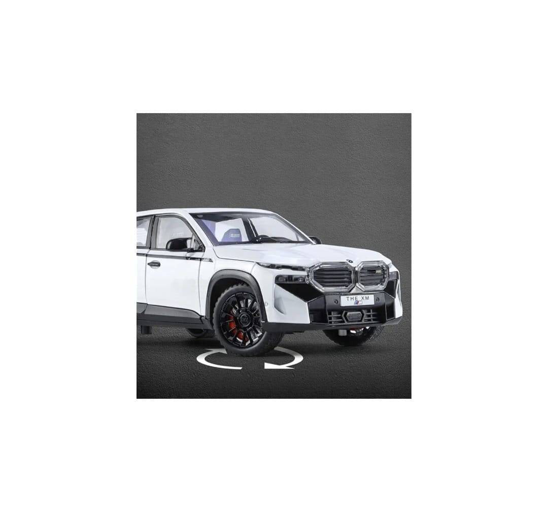 Masinuta metal mecanica, BMW XM, 1:24, fum, usi mobile, capota mobila, portbagaj mobil, alb, 20 cm