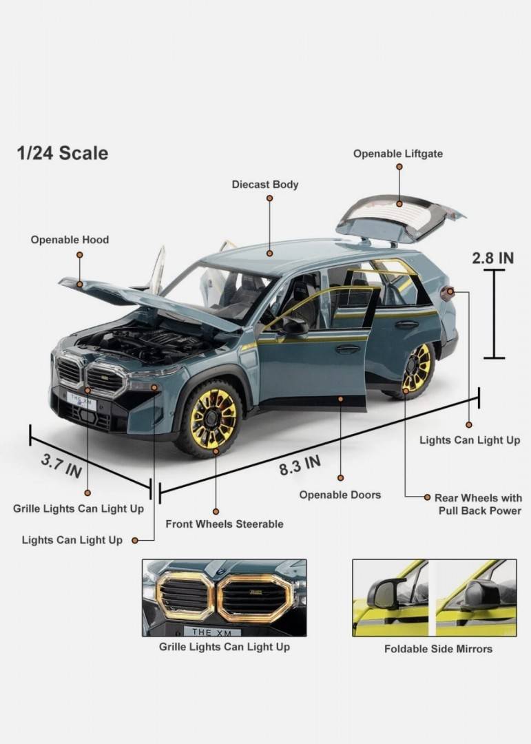 Masinuta metal mecanica, BMW XM, 1:24, fum, usi mobile, capota mobila, portbagaj mobil, albastru metalizat, 20 cm