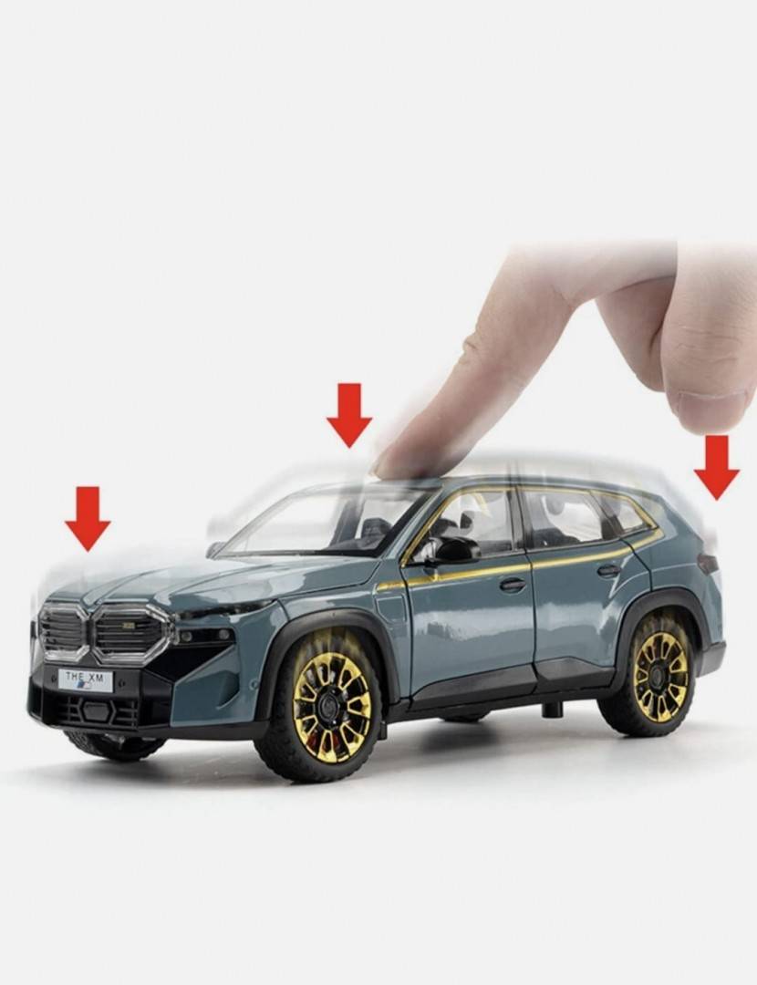 Masinuta metal mecanica, BMW XM, 1:24, fum, usi mobile, capota mobila, portbagaj mobil, albastru metalizat, 20 cm