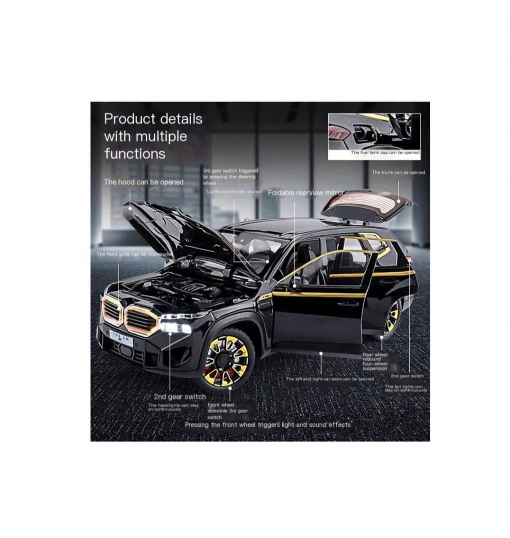 Masinuta metal mecanica, BMW XM, 1:24, fum, usi mobile, capota mobila, portbagaj mobil, negru, 20 cm