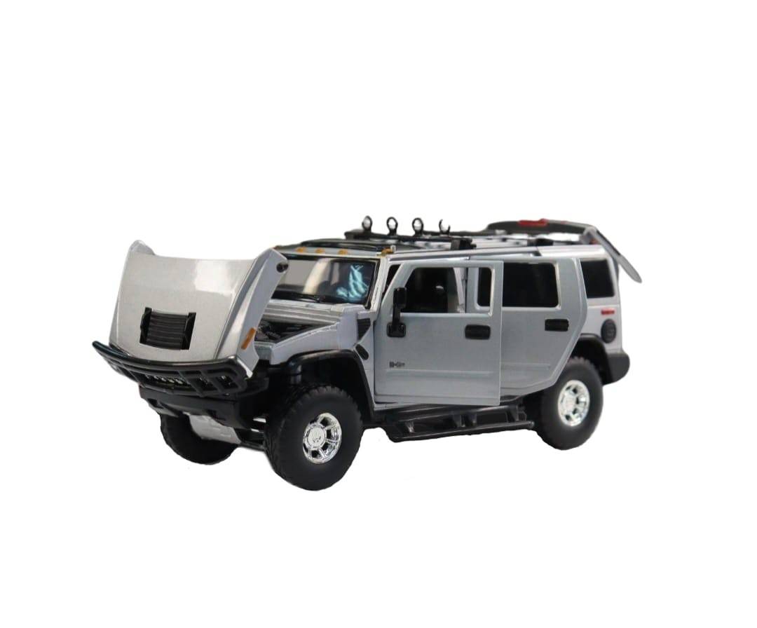 Masinuta metal mecanica, Hummer H2, scara 1:32, sunete, usi mobile, capota mobila, portbagaj mobil, gri, 15 cm