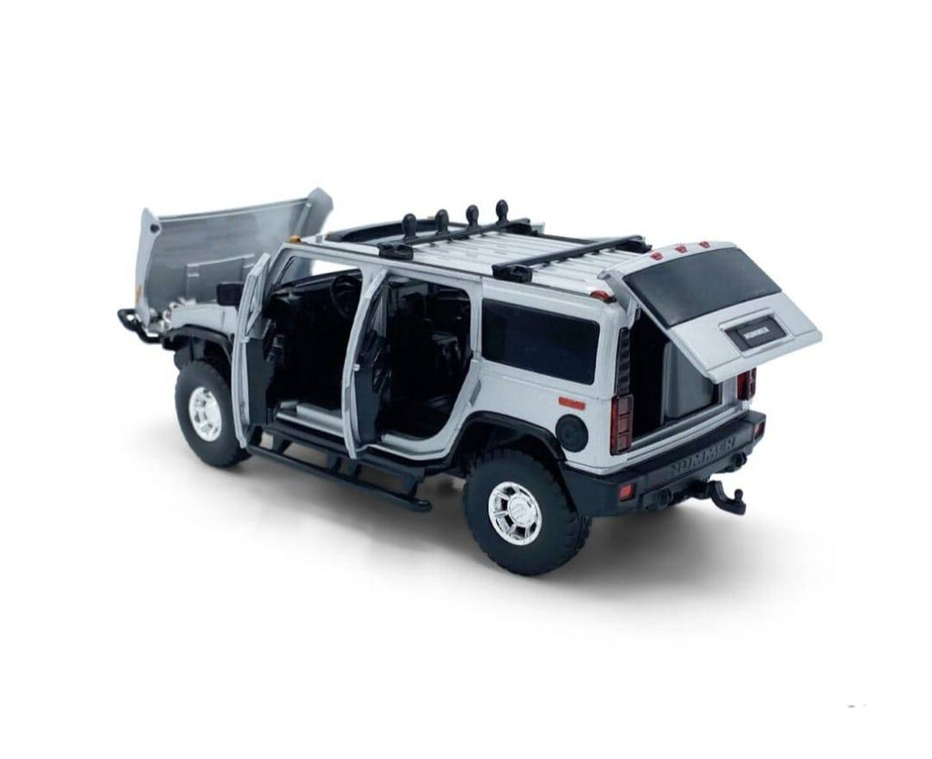 Masinuta metal mecanica, Hummer H2, scara 1:32, sunete, usi mobile, capota mobila, portbagaj mobil, gri, 15 cm