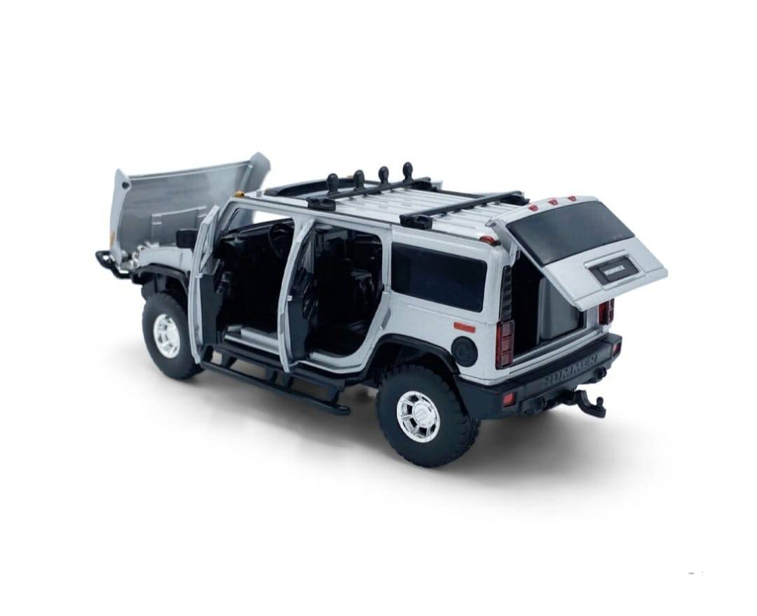 Masinuta metal mecanica, Hummer H2, scara 1:32, sunete, usi mobile, capota mobila, portbagaj mobil, gri, 15 cm