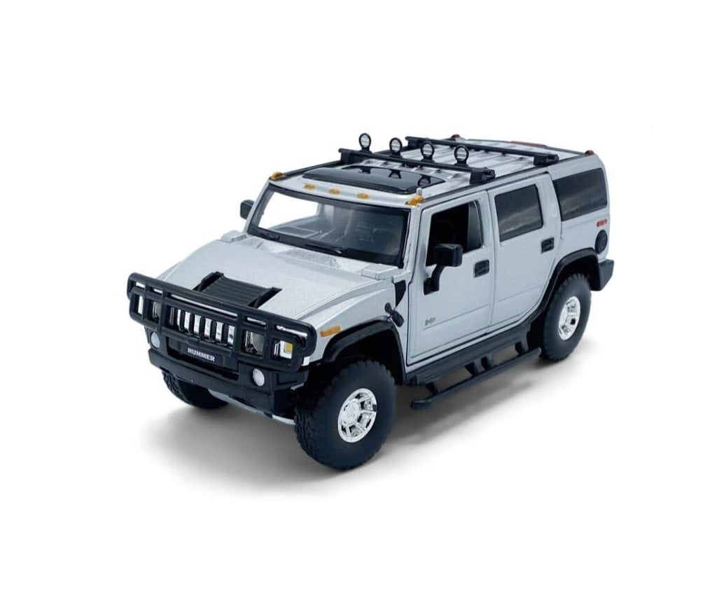 Masinuta metal mecanica, Hummer H2, scara 1:32, sunete, usi mobile, capota mobila, portbagaj mobil, gri, 15 cm