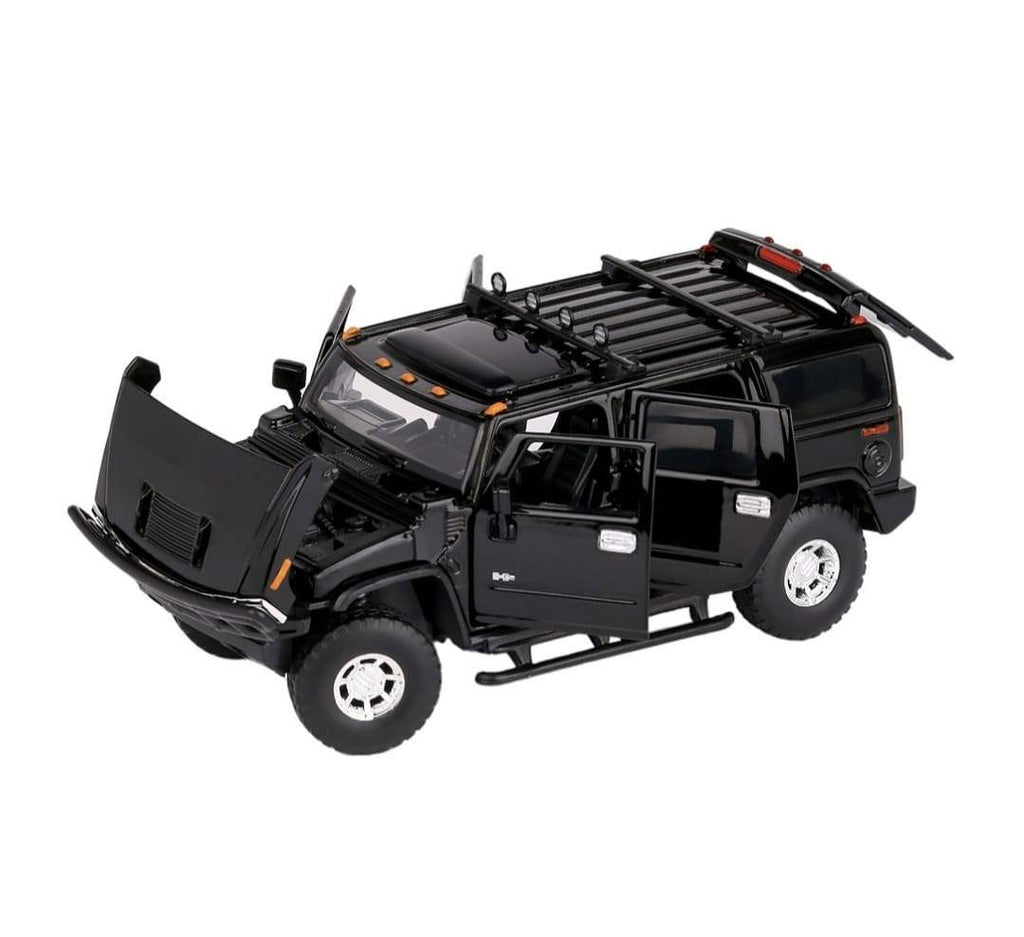 Masinuta metal mecanica, Hummer H2, scara 1:32, sunete, usi mobile, capota mobila, portbagaj mobil, negru, 15 cm