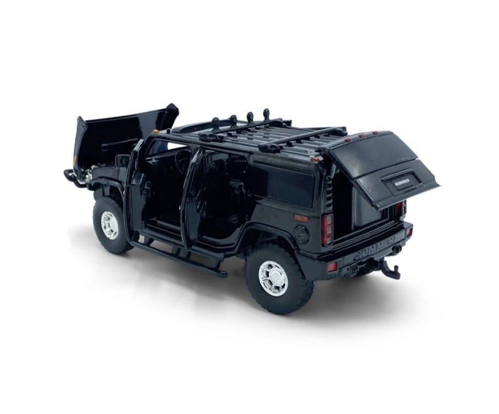 Masinuta metal mecanica, Hummer H2, scara 1:32, sunete, usi mobile, capota mobila, portbagaj mobil, negru, 15 cm