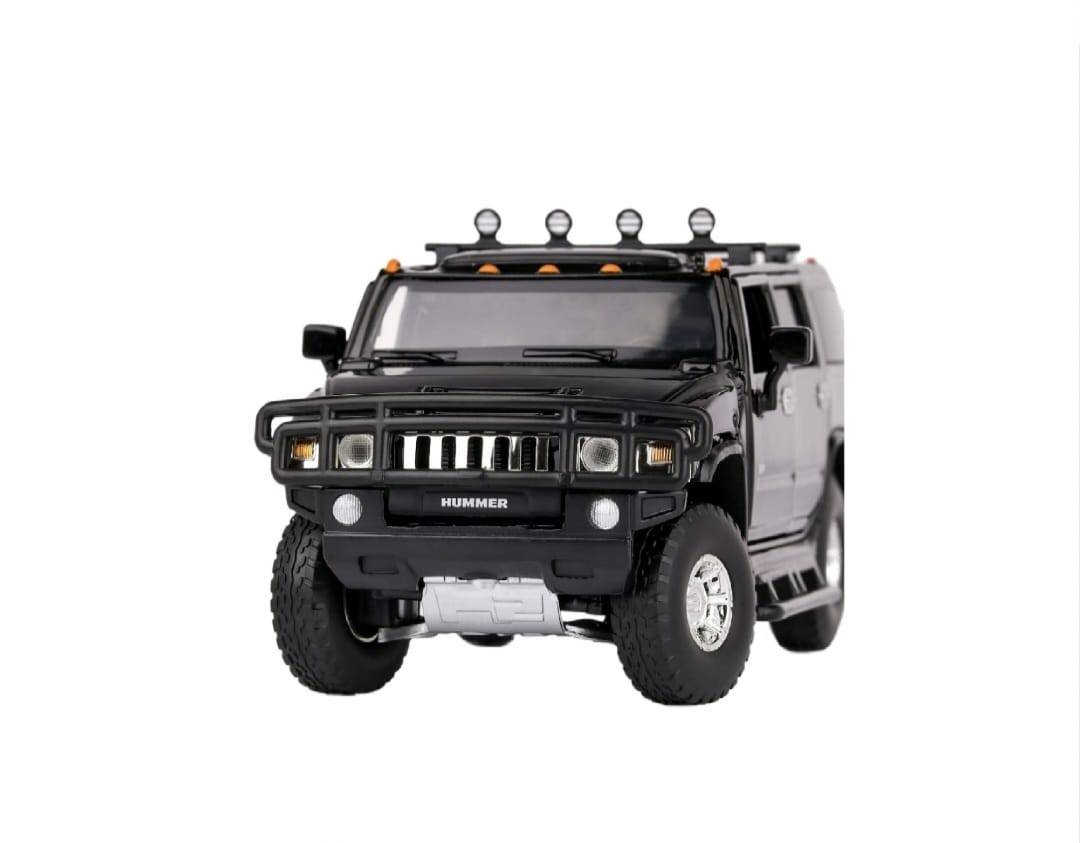 Masinuta metal mecanica, Hummer H2, scara 1:32, sunete, usi mobile, capota mobila, portbagaj mobil, negru, 15 cm