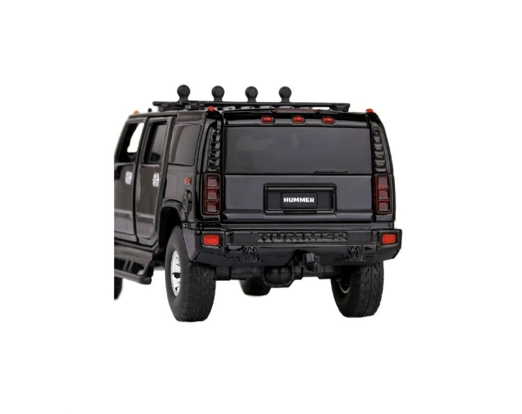 Masinuta metal mecanica, Hummer H2, scara 1:32, sunete, usi mobile, capota mobila, portbagaj mobil, negru, 15 cm