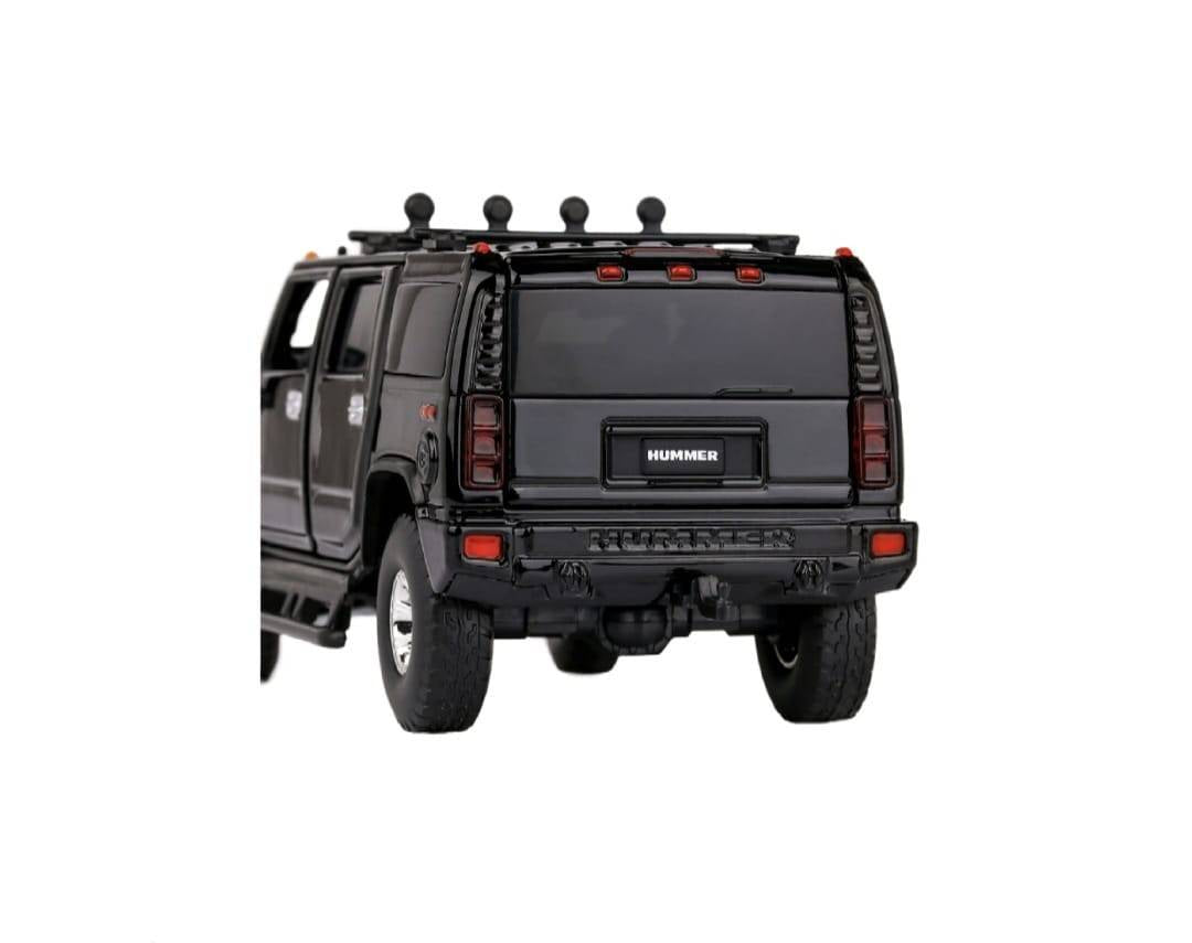 Masinuta metal mecanica, Hummer H2, scara 1:32, sunete, usi mobile, capota mobila, portbagaj mobil, negru, 15 cm