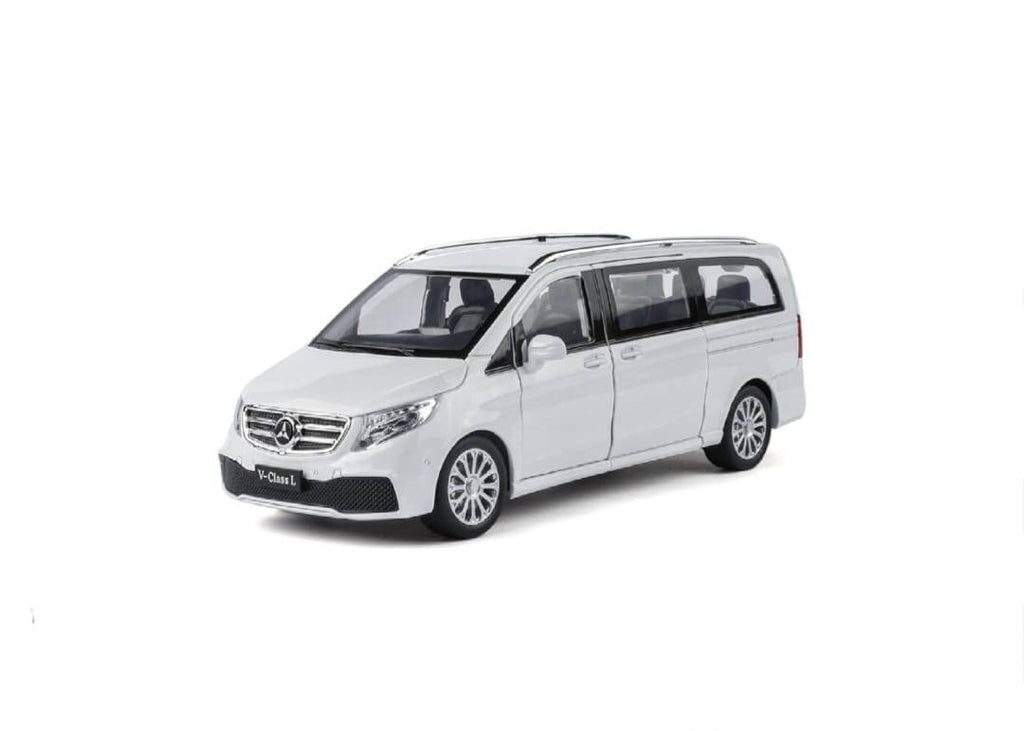 Masinuta metal mecanica, Mercedes-Benz V-Class V260, scara 1:24, usi mobile, capota mobila, portbagaj mobil, alb, 20 cm