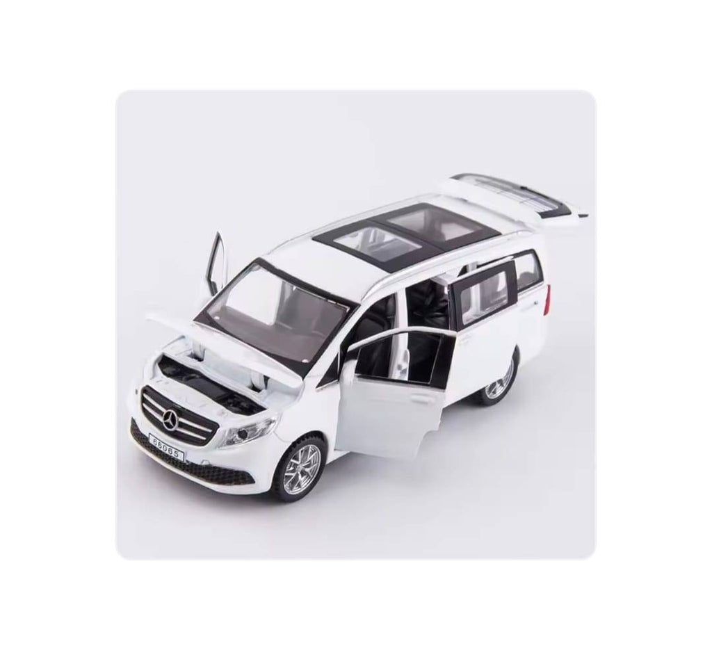 Masinuta metal mecanica, Mercedes-Benz V-Class V260, scara 1:24, usi mobile, capota mobila, portbagaj mobil, alb, 20 cm